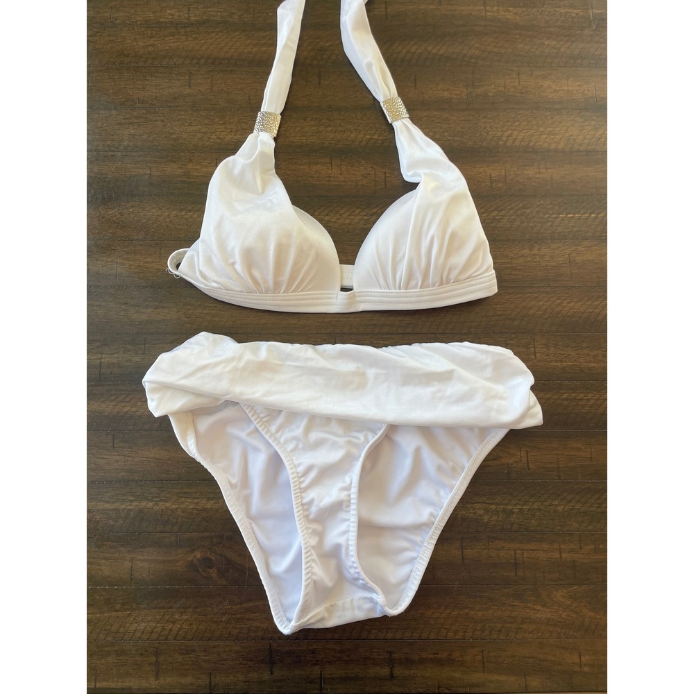 Venus White Halter Bikini Swimsuit Set Gold Accent Roll Waist Bottom Sz A/6 - Picture 1 of 5